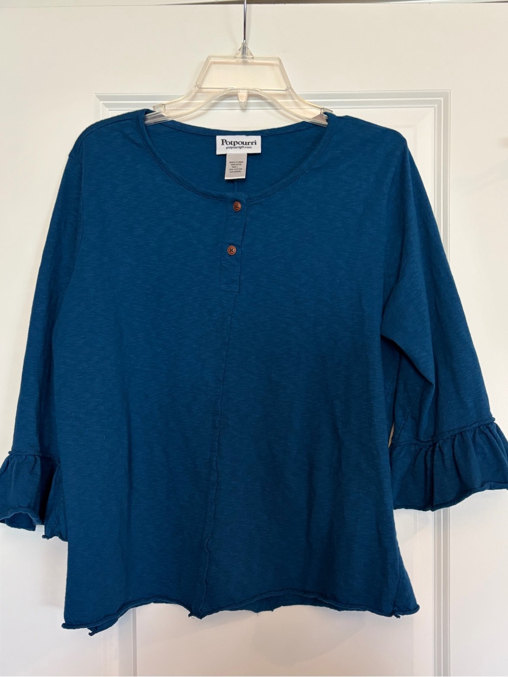 Popouiri Teal Ruffle-Cuff Henley Long Sleeve Top